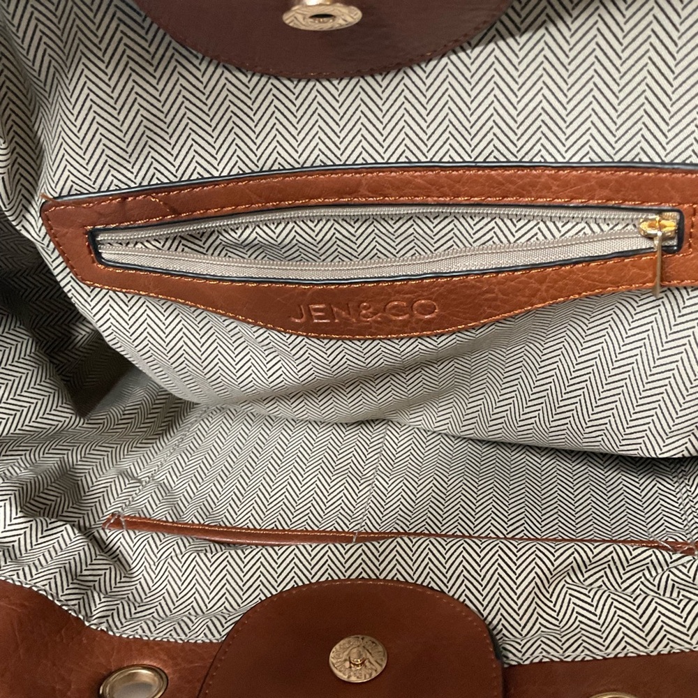 Jen & Co Woven Patterned Cotton Peach Cream Grey Striped Tote Bag Lined Interior - Picture 2 of 15